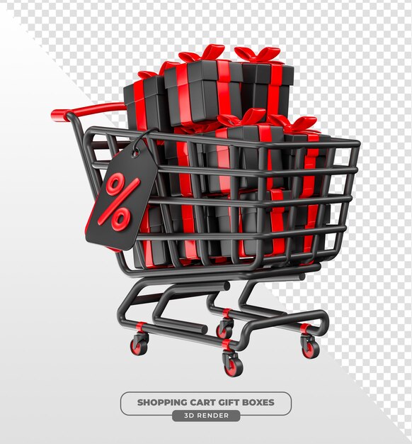 Carrito de compras con cajas de regalos y etiqueta de porcentaje en 3D con fondo transparente