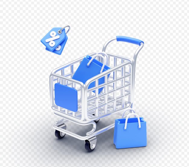 El carrito de compras tiene una bolsa de compras en el interior y una etiqueta de descuento de fondo de ilustración 3D