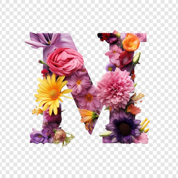 PSD gratuito carta m con elementos florales flor hecha de flor 3d aislada en fondo transparente