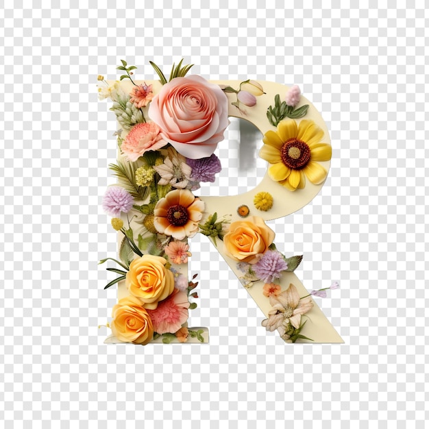 PSD gratuito carta r con elementos florales flor hecha de flor 3d aislada en fondo transparente