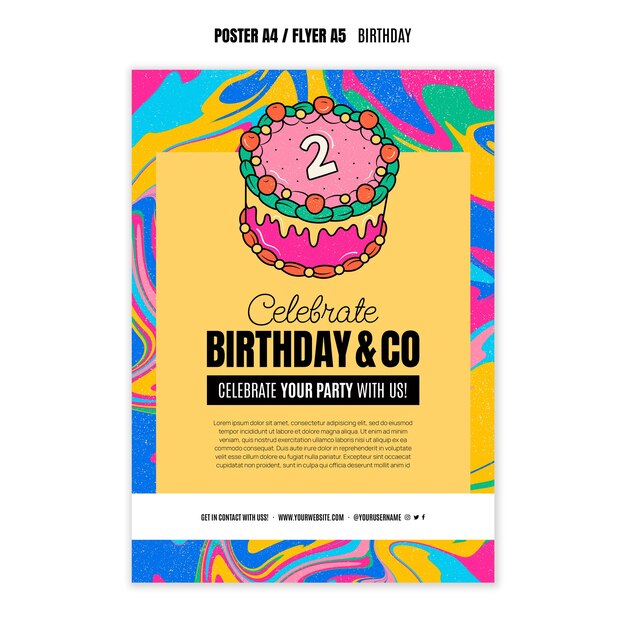 Cartel colorido de celebración de cumpleaños con pastel