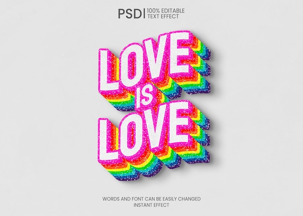 PSD gratuito un cartel colorido que dice amor es amor con el efecto de texto de palabra.