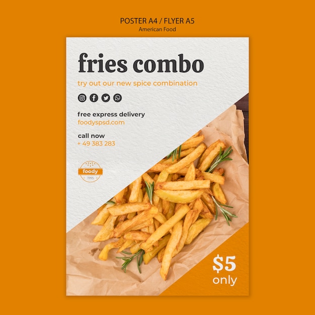 Cartel combinado de comida rápida y papas fritas estadounidense