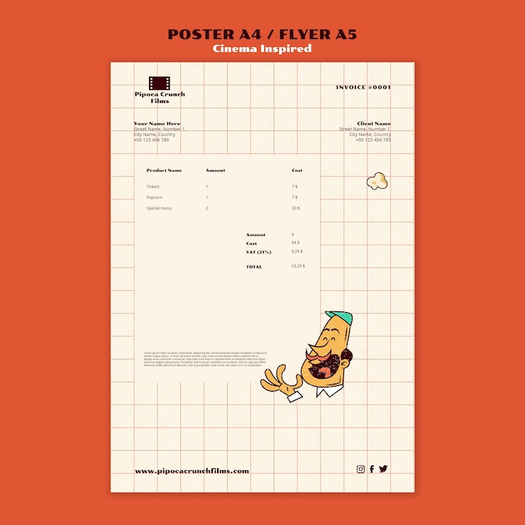 PSD gratuito cartel de diseño plano y plantilla inspirada en el cine de la tarjeta de volante