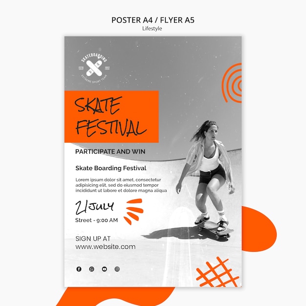 PSD gratuito cartel de estilo de vida de skate de diseño plano