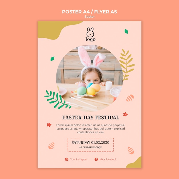 PSD gratuito cartel del festival del día de pascua con foto