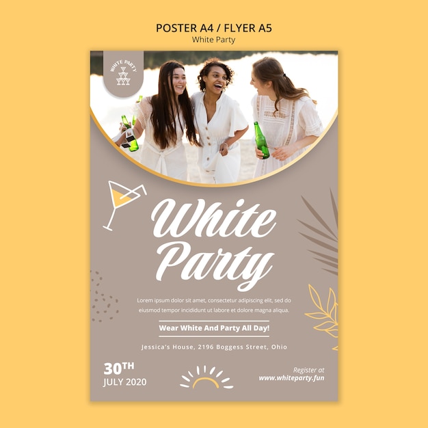 Cartel de fiesta blanco con hojas.