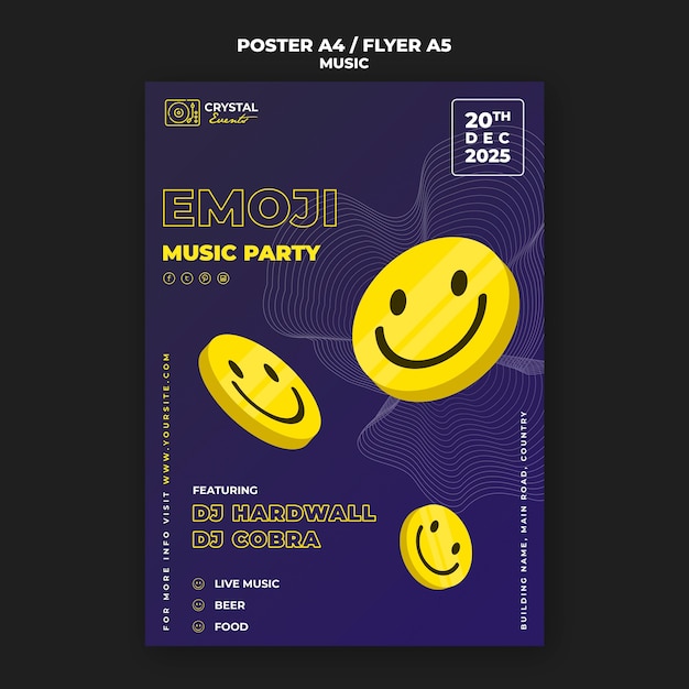 PSD gratuito cartel de fiesta de música emoji y diseño de plantilla de volante