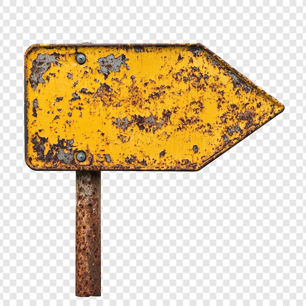 El cartel de la flecha amarilla oxidada es un indicador antiguo a la orilla de la carretera