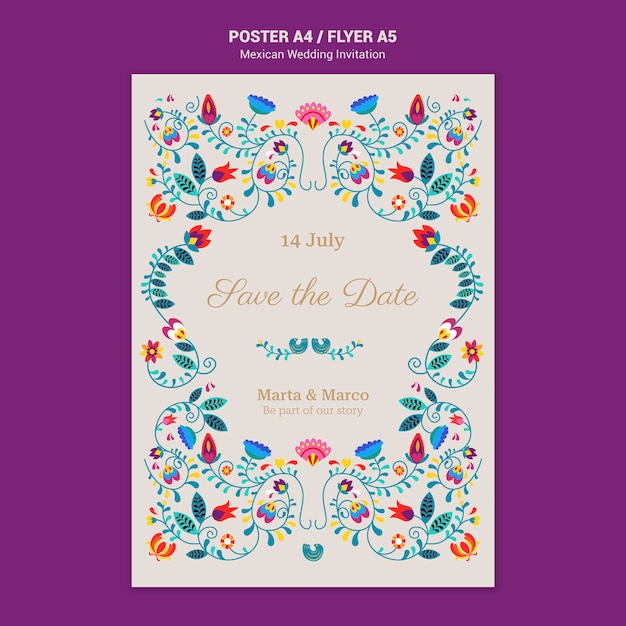 PSD gratuito cartel floral de invitación de boda mexicana