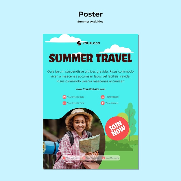 PSD gratuito cartel de plantilla de anuncio de viajes de verano