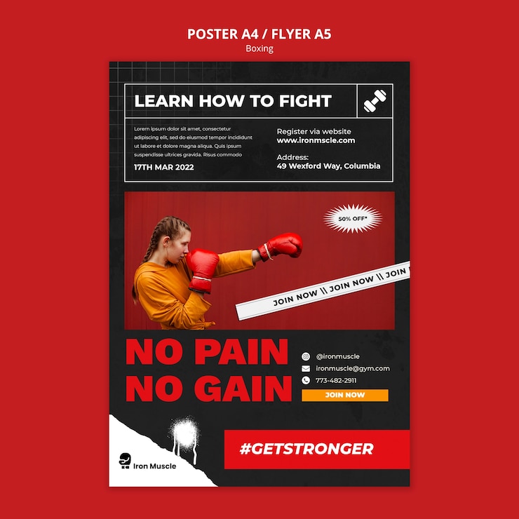 PSD gratuito cartel de plantilla de boxeo de diseño plano