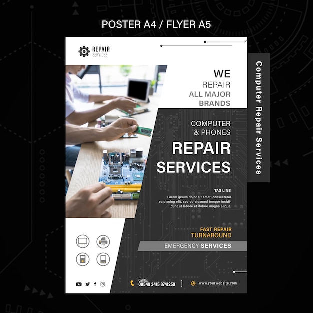 PSD gratuito cartel de servicios de reparación de computadoras y teléfonos.