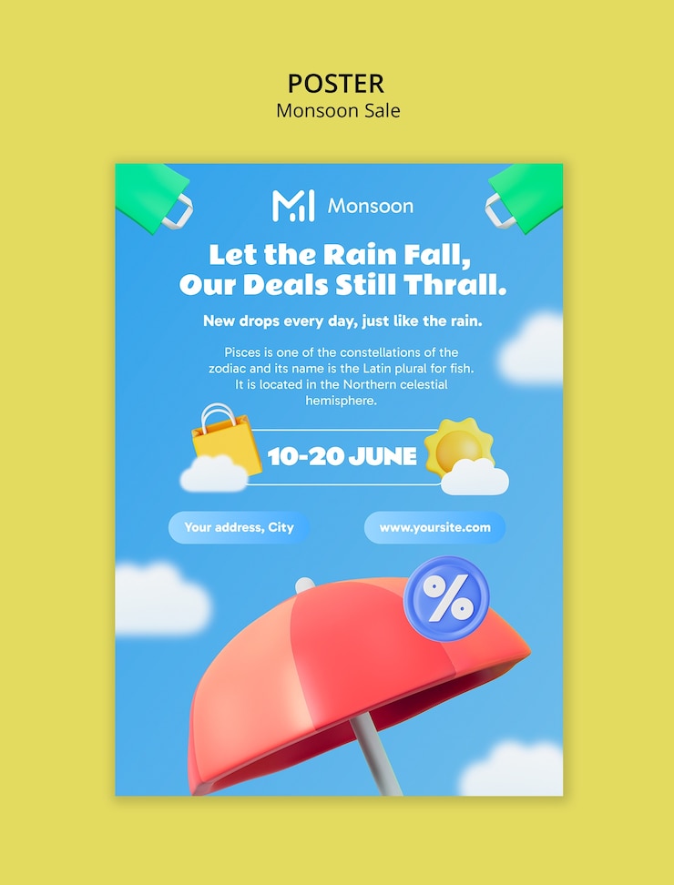 PSD gratuito cartel de venta de monzones con lluvia y descuento