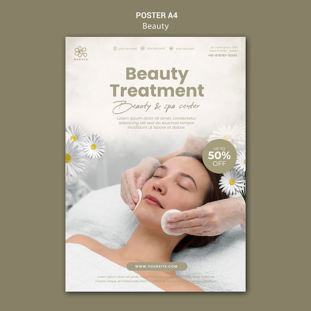 PSD gratuito cartel vertical de belleza y spa con mujer y flores de manzanilla.
