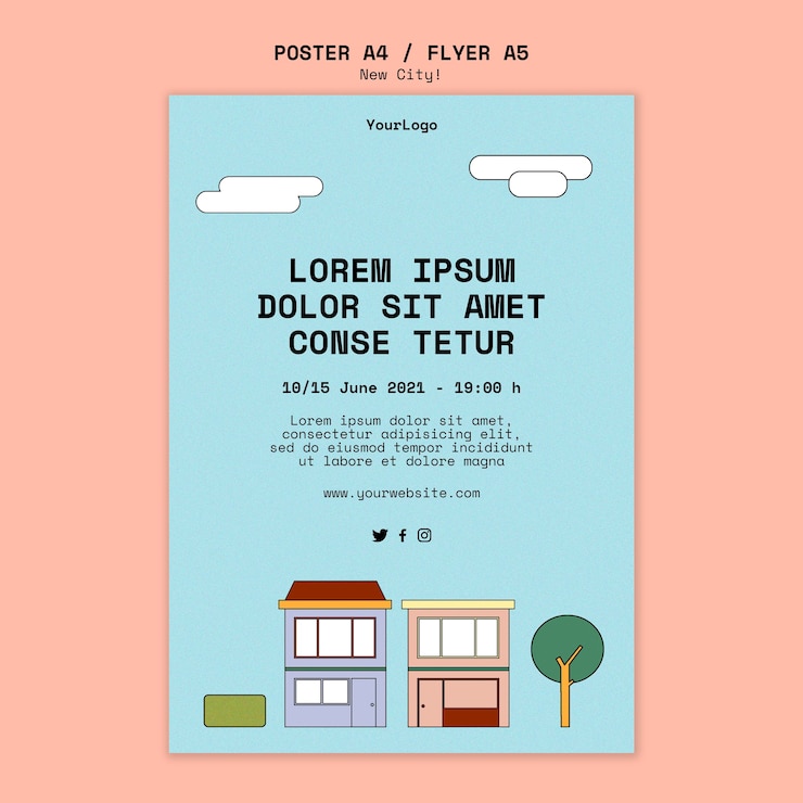 PSD gratuito cartel vertical para ciudad nueva con edificios.