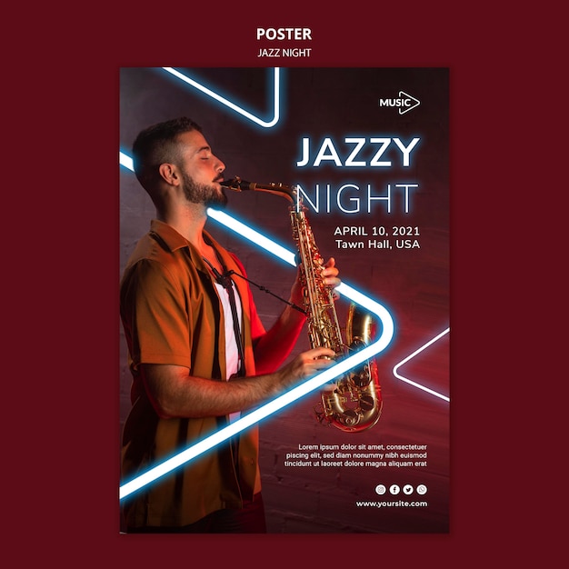 PSD gratuito cartel vertical para evento nocturno de jazz de neón.