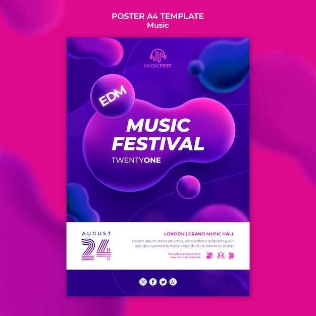 PSD gratuito cartel vertical para festival de música electro con formas de efecto líquido neón