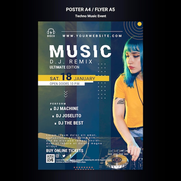 PSD gratuito cartel vertical para fiesta nocturna de música techno.