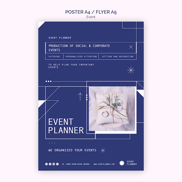 PSD gratuito cartel vertical para la planificación de eventos sociales y corporativos.