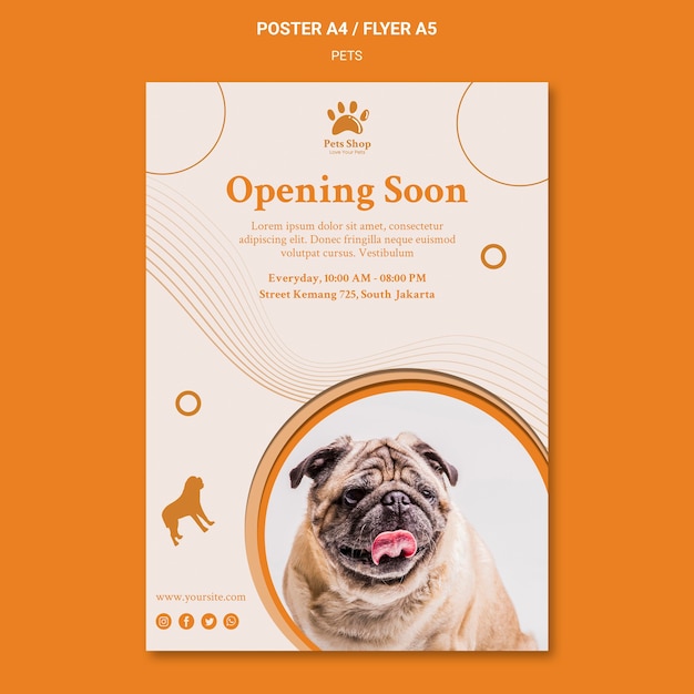 PSD gratuito cartel vertical para tienda de mascotas con perro.