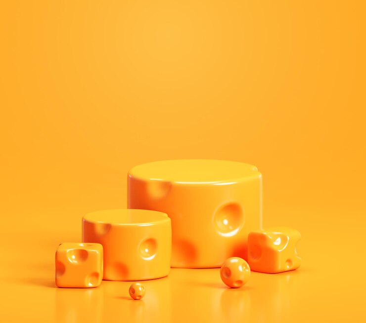 PSD gratuito cartoon cheese trio podium con formas redondas y cuadradas 3d render background