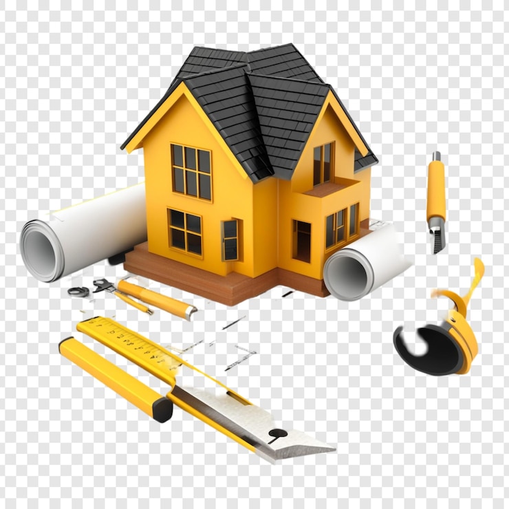 PSD gratuito casa gialla, casa da sogno, piani di costruzione, attrezzi da costruzione.