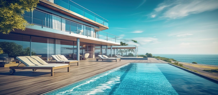 PSD gratuito casa de playa moderna de lujo con vista al mar ia generativa