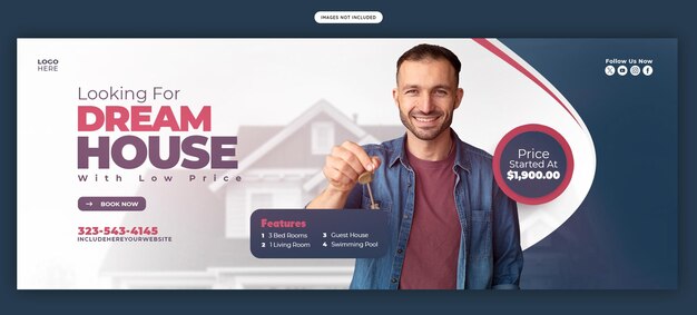 Casas inmobiliarias y propiedades plantilla de banner de portada de Facebook