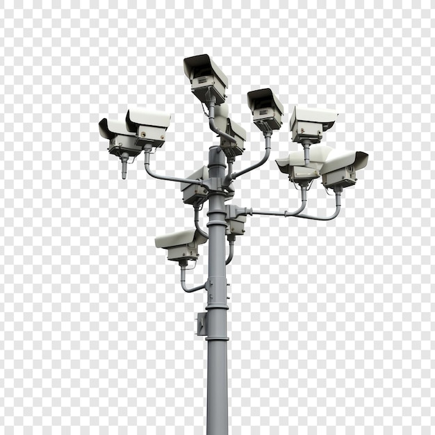 Gratis PSD cctv-camera's op geïsoleerde palen in een technische omgeving geïsoleerd op transparante achtergrond