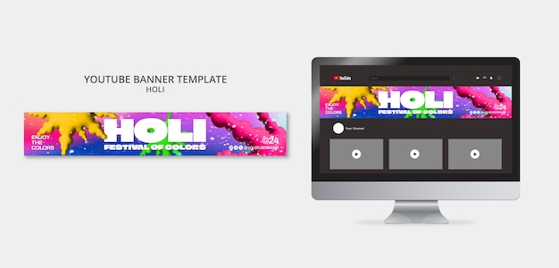 PSD gratuito la celebración del festival de holi en el banner de youtube.