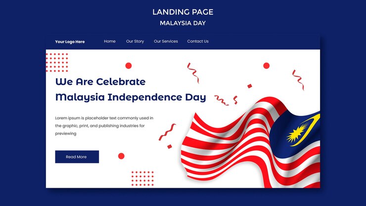 PSD gratuito celebramos la plantilla de página de destino del día de la independencia de malasia