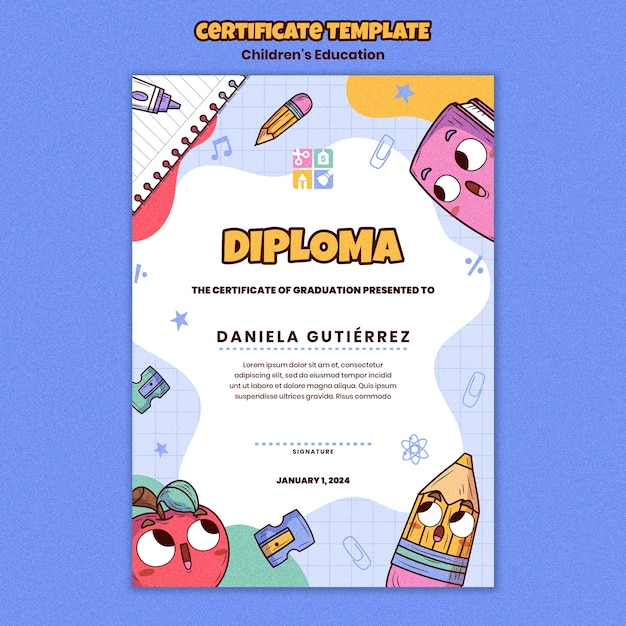 PSD gratuito certificado de educación para niños de diseño plano