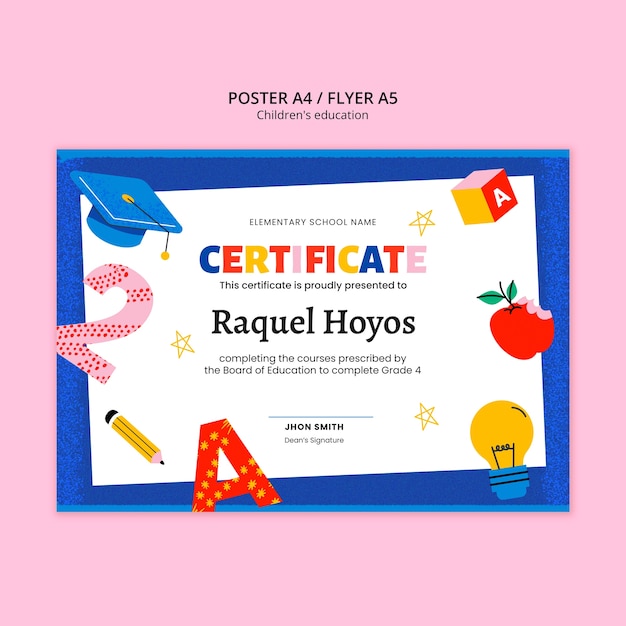 Certificado de educación para niños de diseño plano