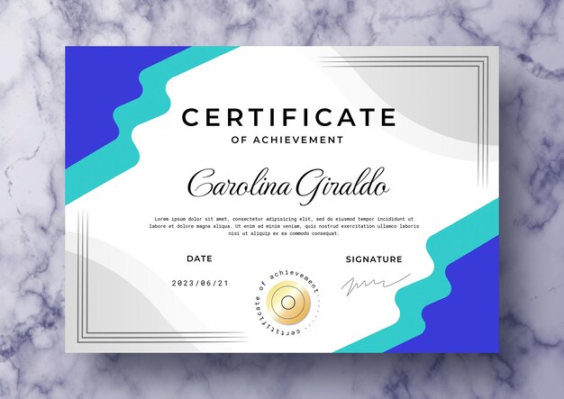 Certificado moderno de logro plantilla PSD