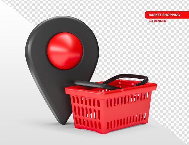 Cesta de supermercado con icono de ubicación en render 3d realista con fondo transparente