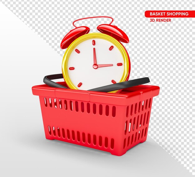 Cesta de supermercado roja con reloj en render 3d con fondo transparente