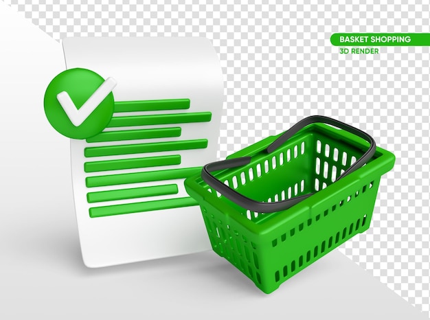 PSD gratuito cesta de supermercado verde con papel en 3d render con fondo transparente