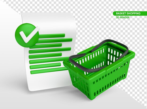 Cesta de supermercado verde con papel en 3D Render con fondo transparente