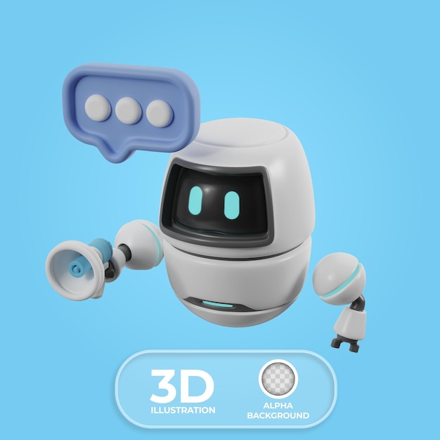Un chatbot de IA con un megáfono en una ilustración 3D