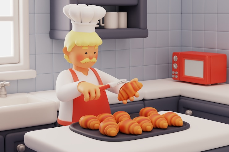 PSD gratuito chef de pastelería preparando croissants en la cocina