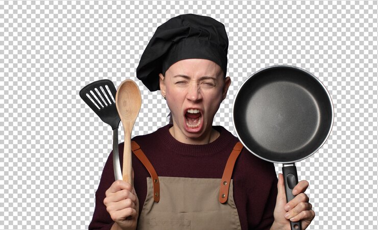 PSD Gratis chef wanita muda cantik berambut pirang dengan peralatan memasak
