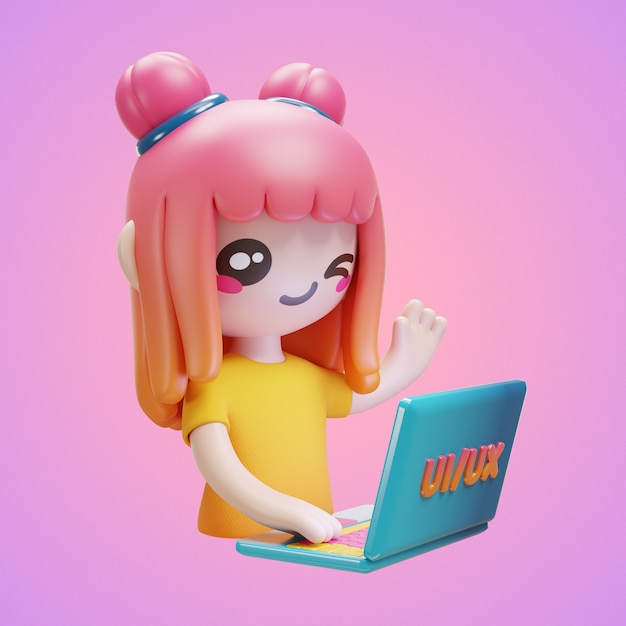 Chica de dibujos animados con una computadora portátil