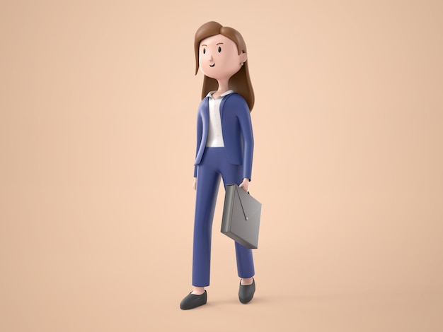 PSD gratuito chica guapa de personaje de dibujos animados de ilustración 3d en traje caminando y sosteniendo el maletín en la mano