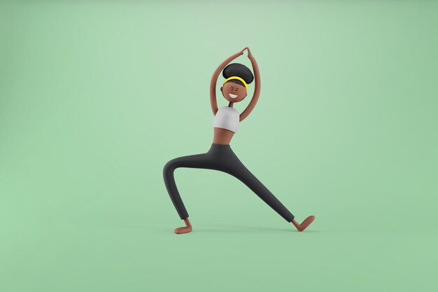 Chica de yoga de estiramiento sobre fondo aislado Deporte yoga y fitness concepto 3d ilustración Personajes de dibujos animados