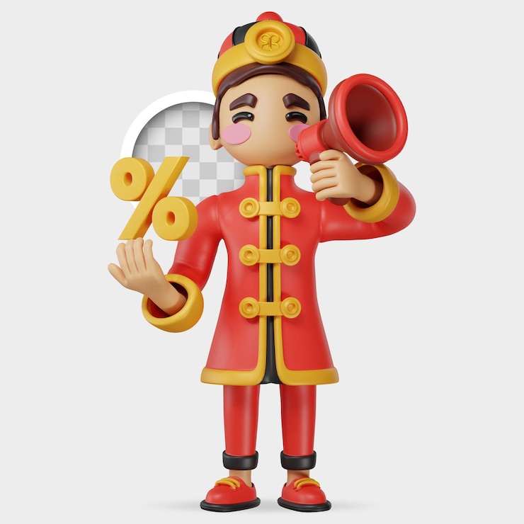 PSD Gratis chinese character with megaphone promoting discounts 3d illustration