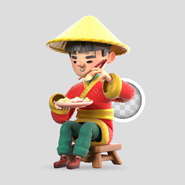Un chino comiendo un plato típico de dumplings. Ilustración en 3D.