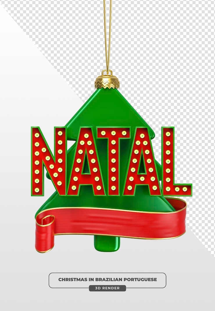 PSD Gratis christmas tree ornament in brazilian portuguese green and red with lights and ribbon in 3d render