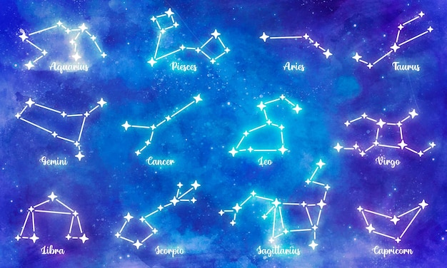 PSD gratuito un cielo azul con las constelaciones del zodíaco.