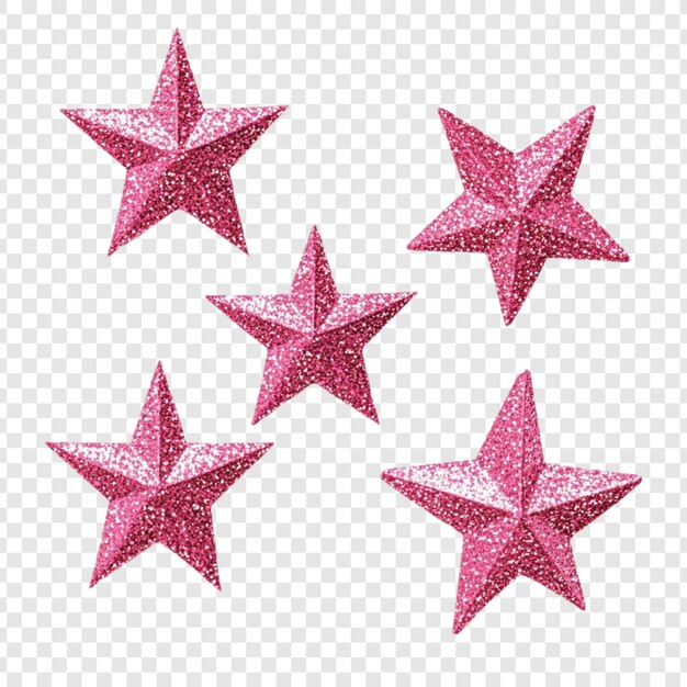 Cinco estrellas rosadas brillantes sobre un fondo transparente